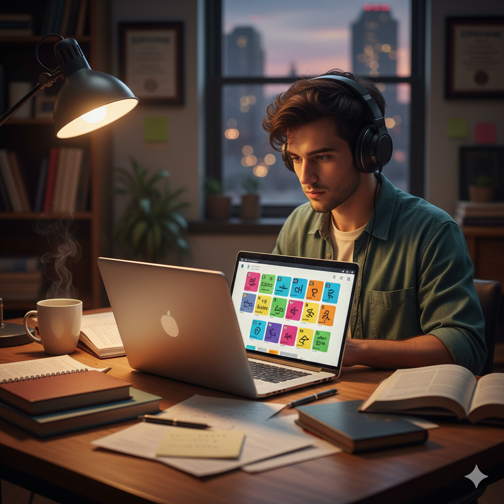 A student focused while studying on their laptop with headphones.